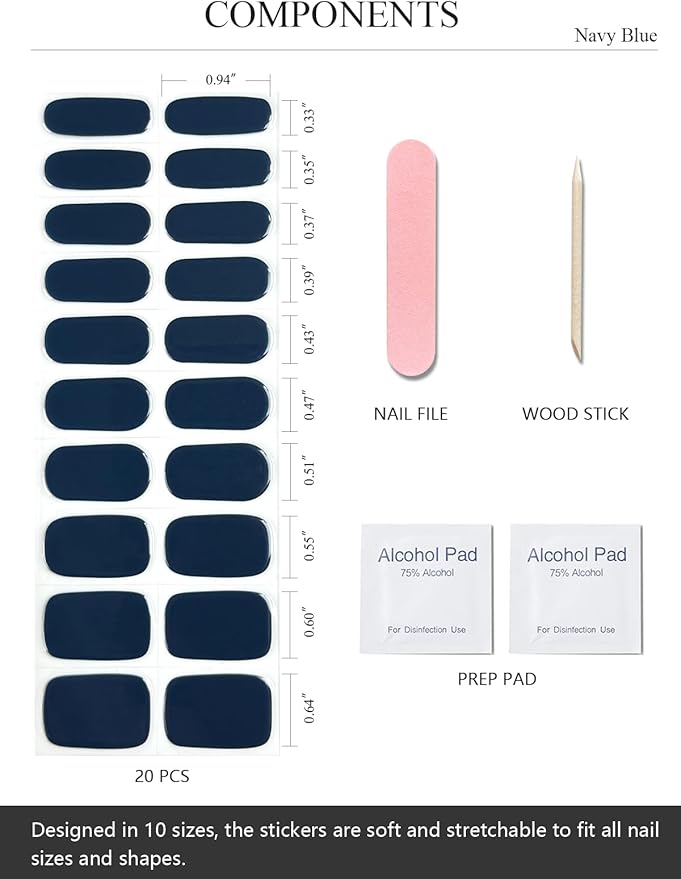 Semi Cured Gel Nail Strips (Navy Blue), Solid, 20 Pcs Gel Nail Wraps, Stickers, Salon Quality, Works with Any UV Lamps