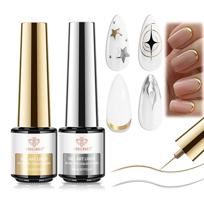 modelones Metallic Gold Silver Gel Liner Nail Polish 2 Pcs Chrome Mirror 3D Effect Nail Art Polish Bronze Thin Brush For Swirl Soak Off French Tip DIY Salon Nail Glue Manicure Gift For Women Girls