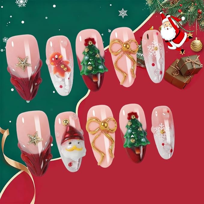 Cute Press On Nails, Handmade 3D Acrylic Fake Nails with Santa, Christmas Tree & Gingerbread Man, Red French Almond Reusable Holiday Nail Tips for Women
