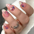 Flower Press on Nails Medium Almond Fake Nails with Daisy Designs Spring False Nail Full Cover Glossy Artificial Fingernails Floral Stick on Nail for Women 24Pcs