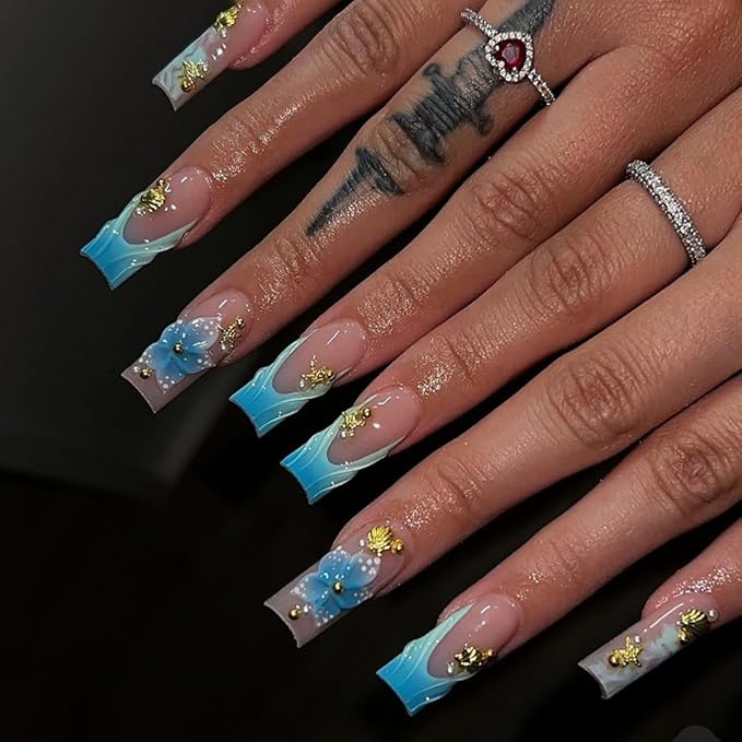 3D Press on Nails Long Square Blue French Tip Fake Nails Flower & Shell & Starfish Design Spring Summer False Nails Full Cover Glossy Stick on Nails for Women Manicure 24PCS