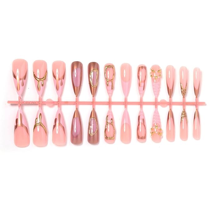Long Press on Nails Almond Fake Nails Cat Eyes Artificial Nail Pink Gold Charm and Pearl Designs Cute Stick on Nail for Women 24pcs
