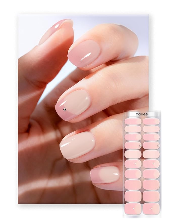 Semi Cured Gel Nail Strips | Built-In Gel Top Coat | UV Light Required | Salon Quality, Easy Application And Removal (Blush Glitter Crescent）