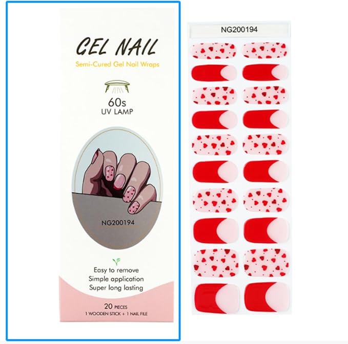 Semi Cured Gel Nail Strips (Red Love), French Heart, 20 Pcs Gel Nail Wraps, Stickers, UV Light Required, Salon Quality, Long Lasting, Valentines Day Gift for Women Girls DIY Manicure