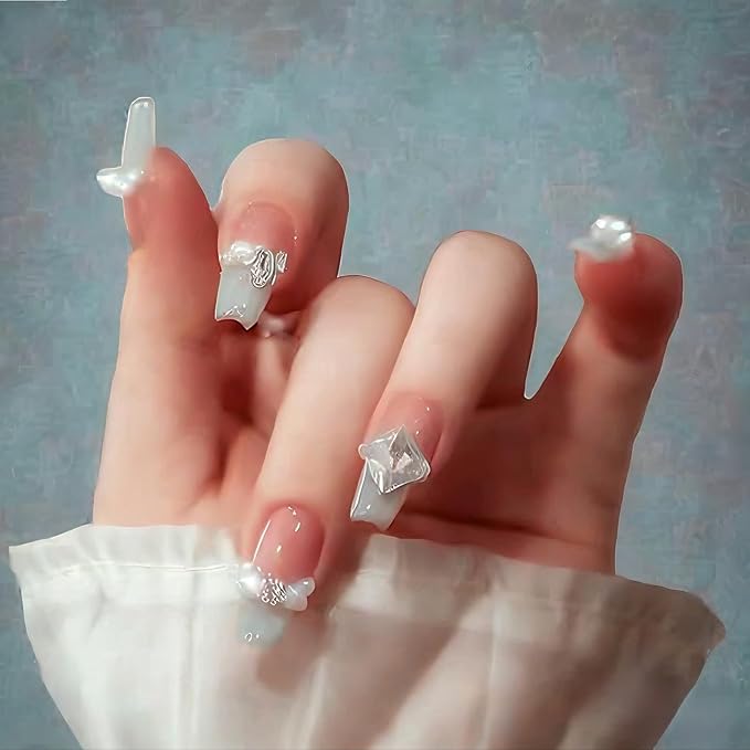Press on Nails Medium Long 24pcs Glossy French Emerald Fake Nails with Rhinestone and Pearl Accents for Women and Girls – 24pcs with Glue Kit (Emerald)