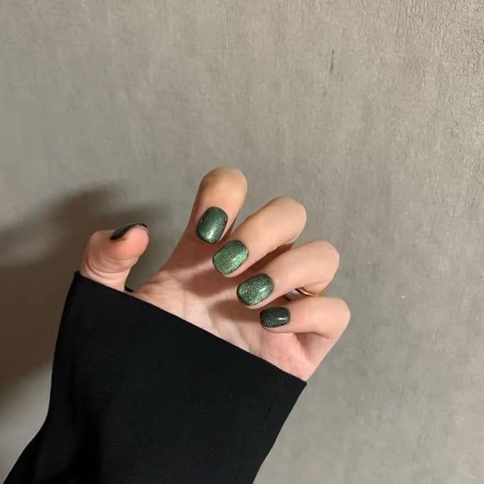 3D Square Press on Nails, Short square Fake Nails Vintage False Nails Large Green Press on Nails for Women Girls Nail Art Decoration - Lagre