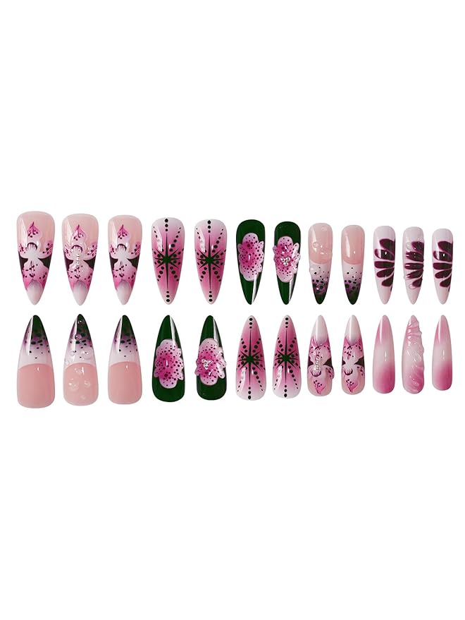 Long Press on Nails Almond Fake Nails Purple French Artificial Nail with 3D Flowers Designs Glitter Summer and Fall Cute Stick on Nail for Women 24pcs