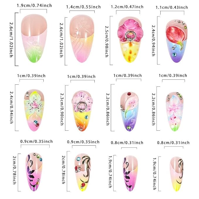Long Press on Nails Almond Fake Nails Flowers Colorful Artificial Nail with Rhinestone Designs Stick on Nail for Women 24pcs