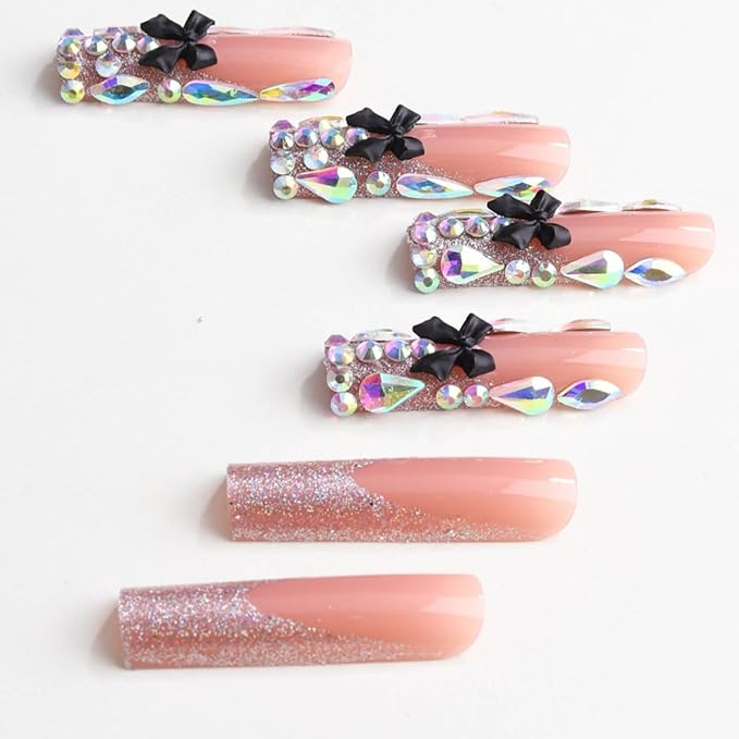 Xl Long Press on Nails Square Fake Nails Pink Full Cover Glue on Nails with Rhinestones and Bow Design Acrylic Nail Press Ons Glossy False Nails Extra Long Nail for Women (Leopard French Tip)