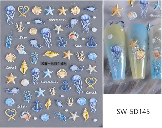 5D Embossed Beach Nail Stickers Ocean Nail Art Stickers Summer Nail Decals Self-Adhesive Nails Sticker Cute Jellyfish Shell Starfish Nail Supplies for Women Acrylic Nails DIY Manicure 3Sheets…