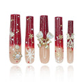2025 New Long Handmade PMMA Acrylic Nails Red with Snowflake Rhinestone Bell Design Reusable Full Coverage False Nail Ladies False Nail Set (Snowflake, Medium)