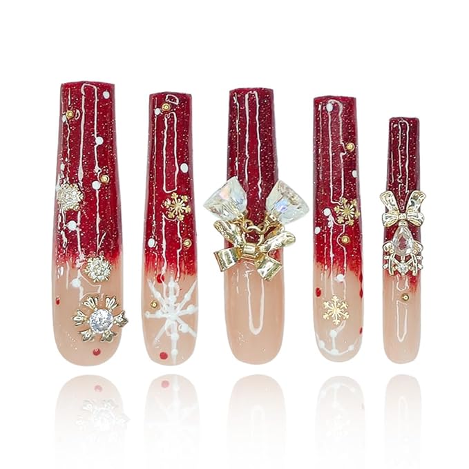 2025 New Long Handmade PMMA Acrylic Nails Red with Snowflake Rhinestone Bell Design Reusable Full Coverage False Nail Ladies False Nail Set (Snowflake, Long)