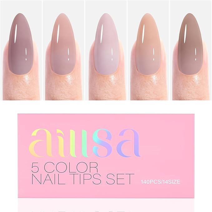 AILLSA Press on Nails Almond 140 PCS Fake Nails 4 in 1 Medium Glossy Nude Nails Press Ons, Long Lasting Pre-Shaped Gel Nails Natural False Nail for Nail Art DIY Women