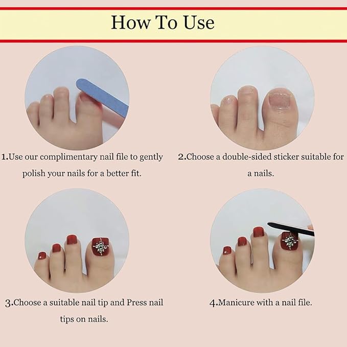 White French Tip Press On Toenails Short Square Fake Toes with 3D Crown Design Flower Rhinestone Glue on Toe Nails Shiny Bling Summer False Toenails Reusable for Women Girls Foot Manicure 24pcs