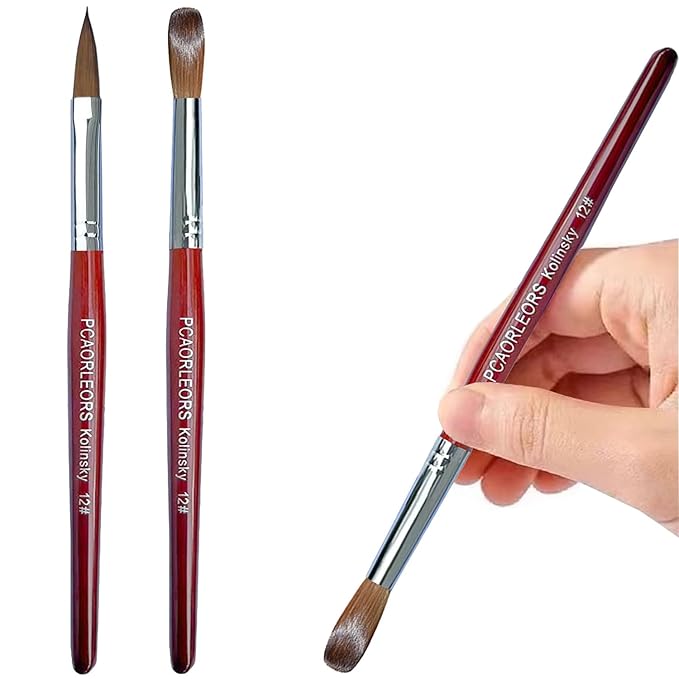 Acrylic Nail Brush with Pure Kolinsky Sable Hair and Red Wood Hand, Round/Flat Professional Gel Brush for Acrylic Power and Nail Extension Size #8,10,12 (2Pack(#12))