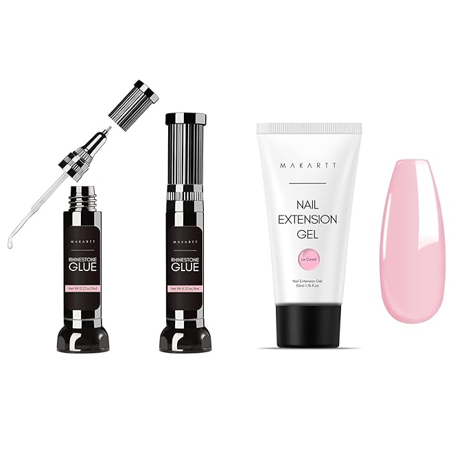 Makartt Nail Rhinestone Glue Gel with Poly Nail Gel 50ML Bundle, Clear Nail Glue Precision Pen Super Strong Adhesive Nail Art Glue Gel for Nail Decorations, Natural Pink Gel Builder for Nails Beauty