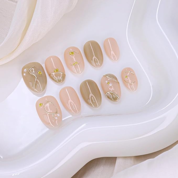 Handmade Press on Nails Short Length Thick Acrylic Nails Glitter False Nails with Steel Ball & Pearl Designs Almond Shaped Fake Nails French Full Cover Stick on Nail for Women (Size M）