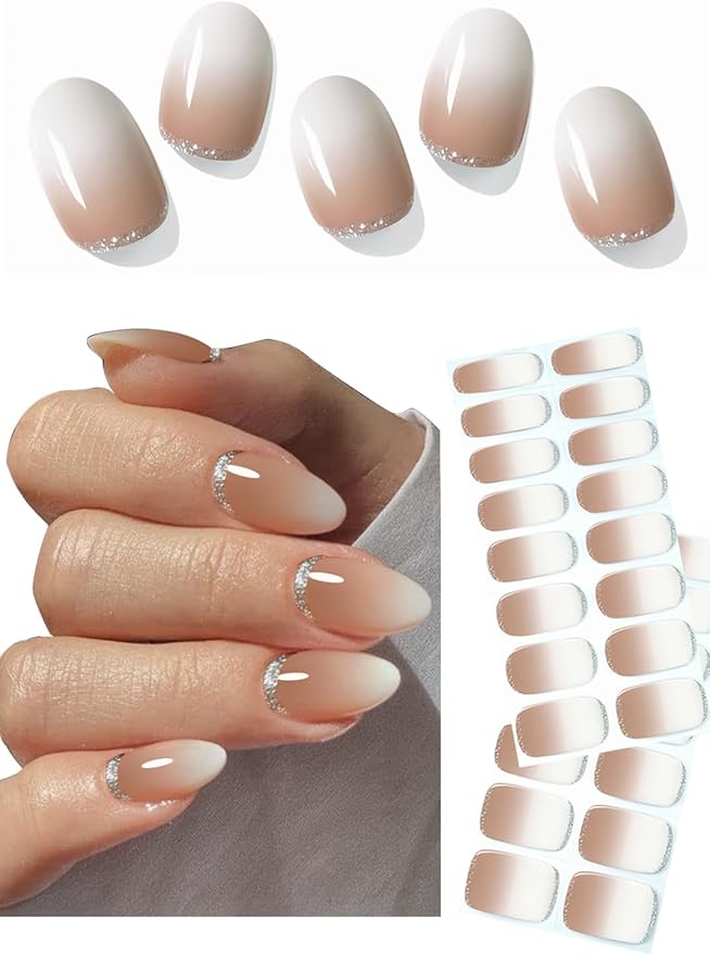 UV Gel Nail Stickers, Brown Ombre Glitter 30pcs Semi Cured Gel Nail Strips, Wraps for Home Manicure DIY