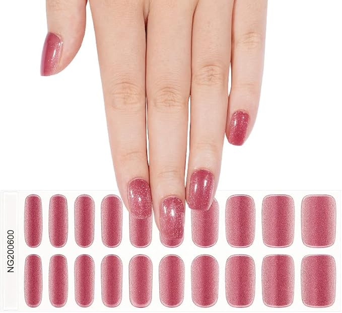 Semi Cured Gel Nail Strips 20 Pcs Pink Red Cat Eye Gel Nail Wraps, Stickers, UV Light Required Nail Art Design Decoration Accessories