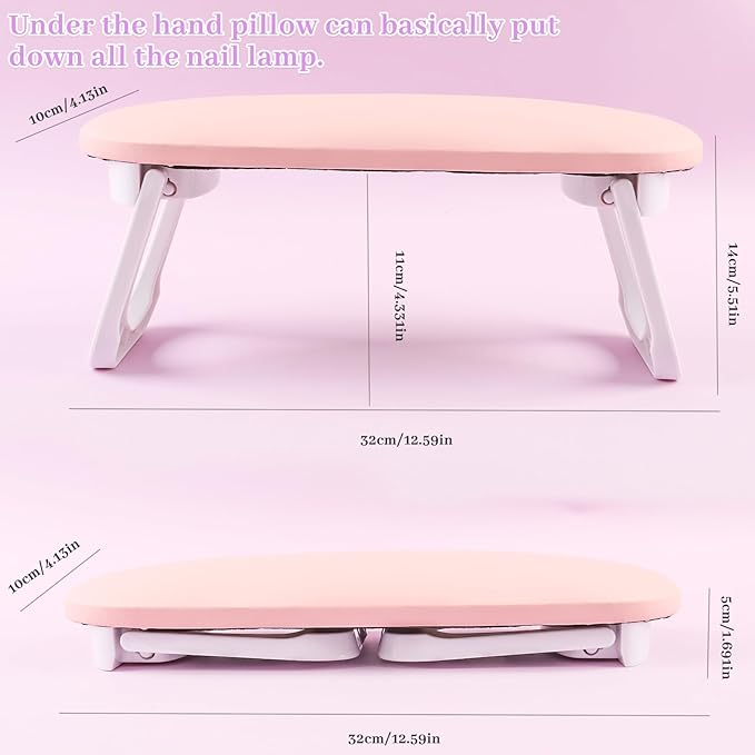Nail Arm Rest, Professional Foldable PU Leather Nail Hand Rest with PVC Table Mat for Acrylic Nails, Soft Nail Hand Pillow Non-slip for Manicure Salon Use (higher-Pink)