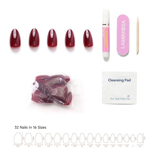 LAMIMOSA 32Pcs Burgundy Red Press On Nails Short Almond – Soft Gel Dark Red Fake Nails in 16 Sizes, Reusable Glue on Nails Kit, TUSCAN RED