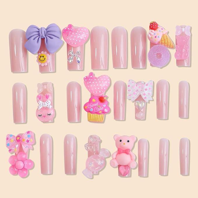 24Pcs Long Press on Nails Square Fake Nails with Charms Nude Pink Acrylic Nails Cute Heart Bear Charm Designs Glue on Nails Reusable Artificial Full Cover Stick on Nails for Women and Girls