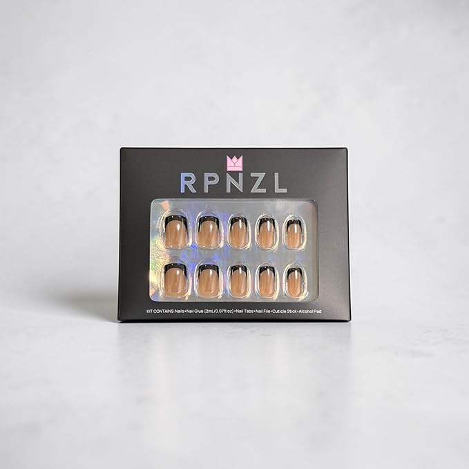 Press On Nails - Midnight | Chrome Black French Tip, UV Finish Short Squoval Nails, Reusable, Salon Quality | 32 Nails, 16 Sizes Kit with Glue and Adhesive Tabs