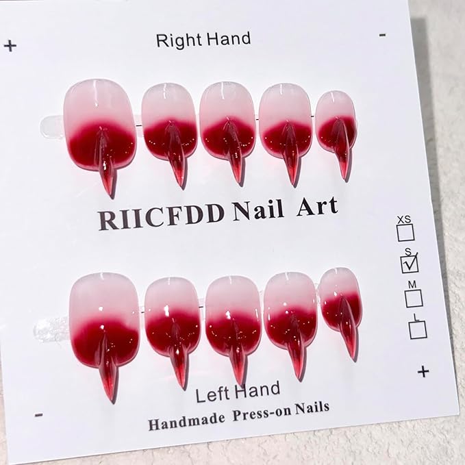 10 Pcs Curved Press on Nails Stiletto Medium Cat Claw False Nails Luxury 3D Red French Tip Cat Claw Handmade Fake Nails Thick Red Gradient Designs Glossy Acrylic Glue on Nail (S)