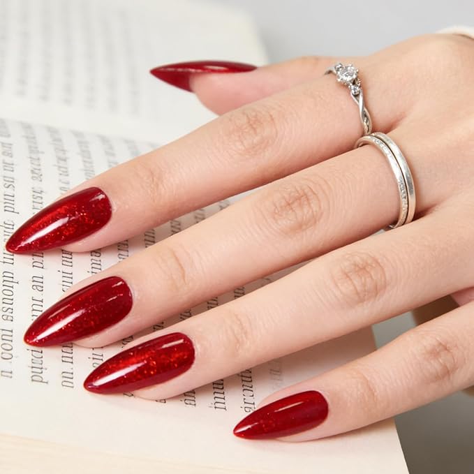 Valentines Red Cat Eye Press On Nails Almond Red Glitter Fake Nails Medium, Holiday Sparkle 15 Sizes Reusable Nail Kit - 30 Pcs with Glue
