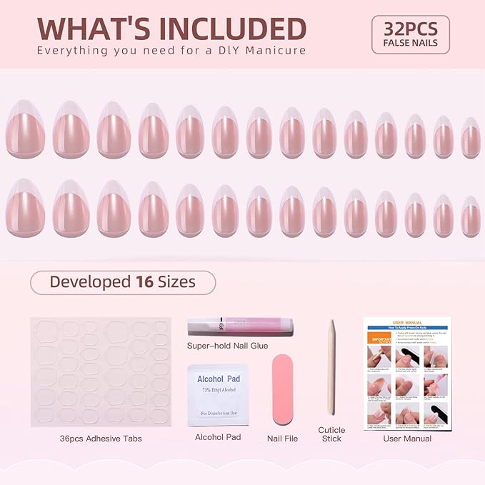 French Tip Soft Gel Press on Nails Kit Almond Short Fake Nails Chrome False Nails Designs Glossy Pink Thickened Acrylic Nails with Nails Glue Full Cover Stick on Nails for Women Manicure 30 Pcs