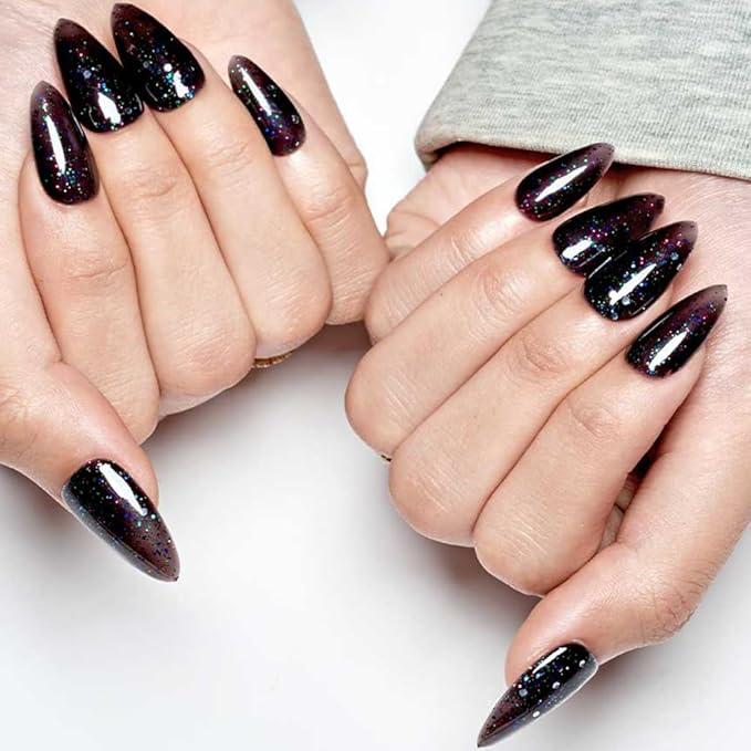 GLAMERMAID Glitter Black Press on Nails Medium Almond, Handmade Glossy Jelly Soft Gel Glue on Nails Stiletto, Galaxy Shrimmer Fake Nails Short Oval, Reusable Acrylic Stick on False Nails Kit for Women
