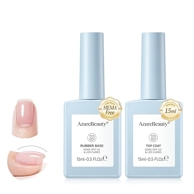 AZUREBEAUTY 15ml Rubber Base Gel Polish and No Wipe Top Coat Set, Builder Base Coat and Ultra Shine Top Self Leveling Apex Building Nail Strengthener, Long Lasting for Thin Weak Brittle Nails