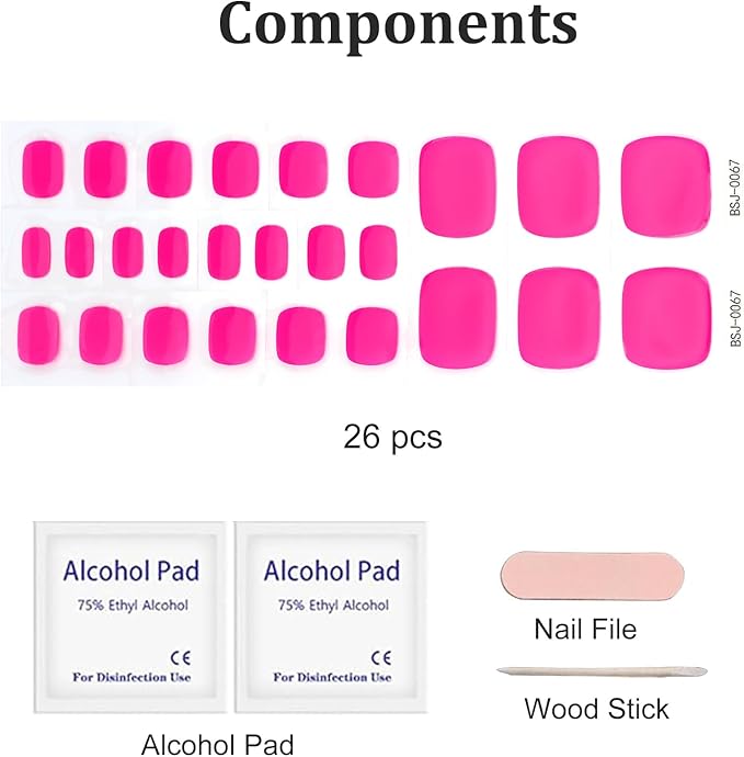 26 Pcs Semi Cured Gel Toe Nail Strips Hot Pink Gel Nail Stickers Full Cover Nails Wraps Self Adhesive Toe Nails Polish Strips Stickers for Women UV/LED Light Required