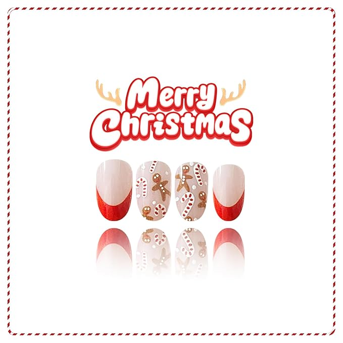 Christmas Press on Nails Medium Almond MABKJLF Fake Nails French Tip False Nails with Cane Candy Gingerbread Man Designs Glossy Glue on Nail Winter Acrylic Nails for Women Girls 24Pcs