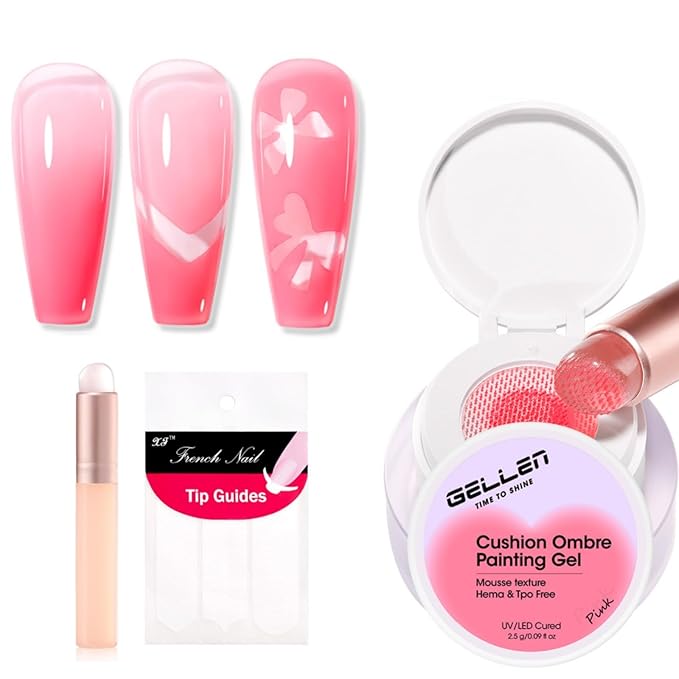 GELLEN Pink Patting Gel Polish, Valentine's Gift for Her, Ombre Gel Nail Polish, Gradient Painting for Aura Nails, French Nail Art, Pat Paint for Drawing with Silicone Brush & 36pcs French Tip
