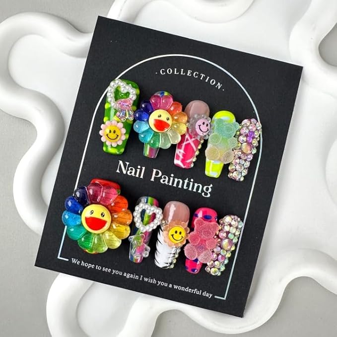 GREENTEA Handmade Rainbow Sunflower Press-On Nails Set, Decorative Rhinestone Design, Colorful Smiley Face Pattern, Size-M
