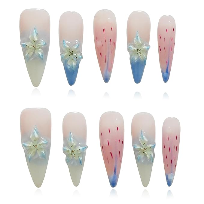 3D Floral Press On Nails Long Stiletto Fake Nails – Elegant Handmade Ombre Nail Art with Lilies Flowers Designs, Multi-Layer Gel Reusable Acrylic Nails for Women (3D Lily Ombre, S)