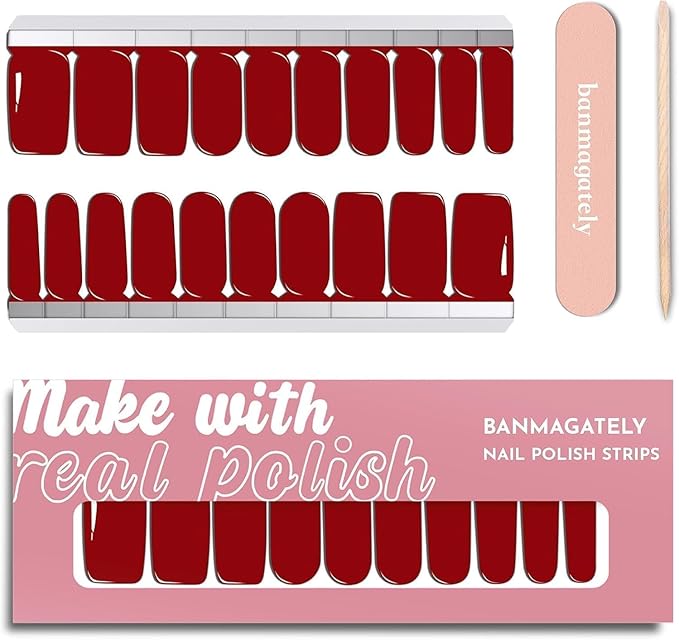 Nail Polish Strips, 20Pcs Salon Quality Gel Nail Stickers, Easy Long Lasting Wraps for Short Nails no UV Light Needed (Red)