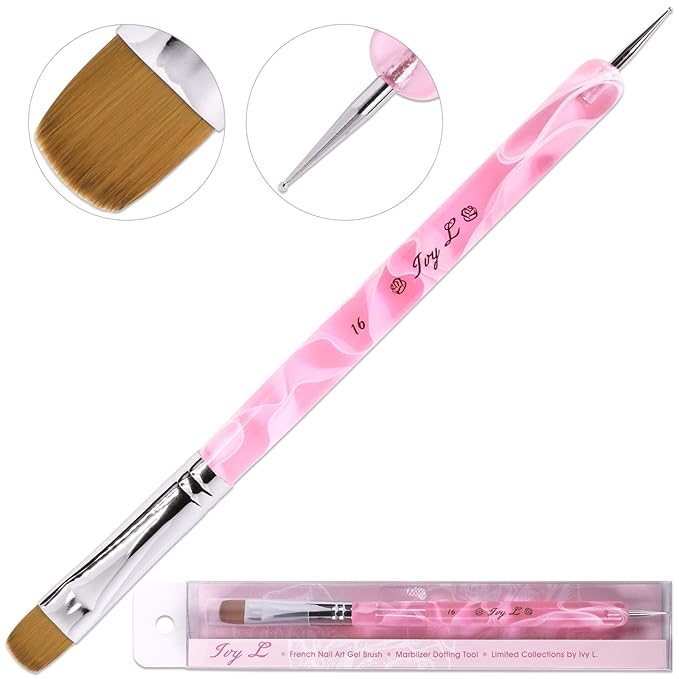 Ivy L Premium 2 Way French Gel Acrylic Nail Art Kolinsky Brush with Dotting Tool for Professional Manicure Cuticle Clean up Nail Art Design (Size # 16, Pink Marble)