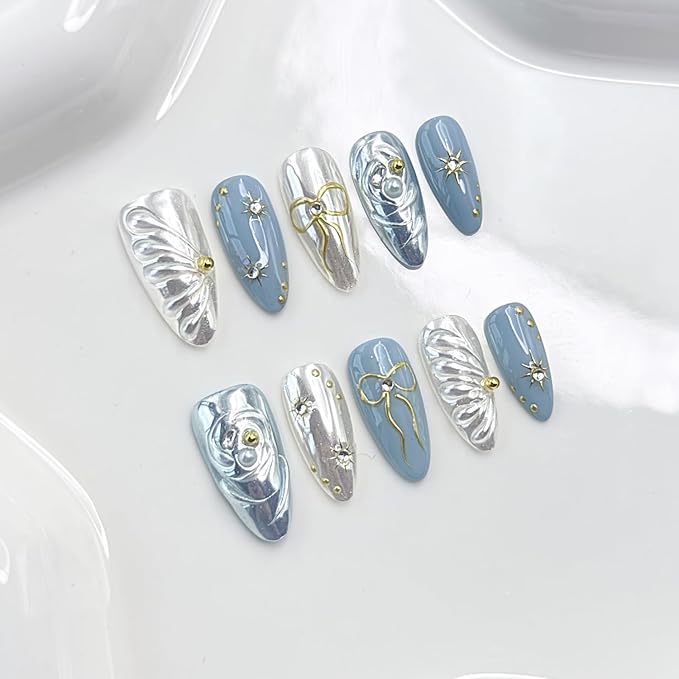 Handmade Press on Nails Medium Almond Fake Nails with Glue,Luxury Rhinestone ＆ 5D Bow Art Blue Press ons Muti-Layer Gel Handmade False Nails for Women (Size S)