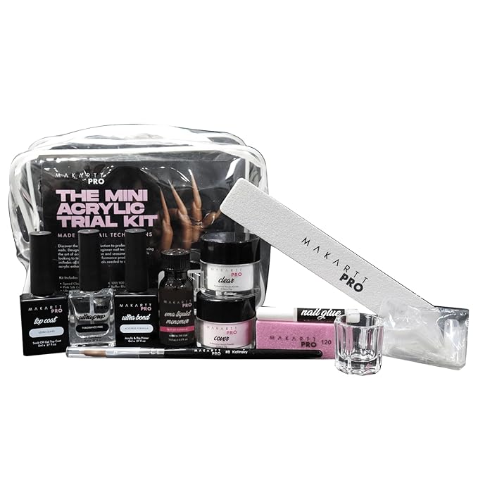 MakarttPro Mini Acrylic Nail Kit for Beginner Nail Technicians 12pcs - Starter Set with Pink & Clear Acrylic Powders, EMA Monomer, Kolinsky Brush and Nail Essentials