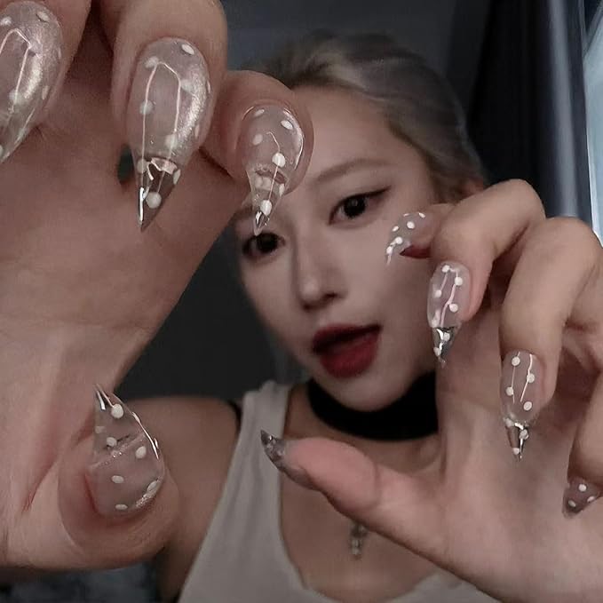 10 Pcs Handmade Press on Nails Curved Short Eagle Claw Fake Nails with Dot Designs Transparent Luxury Dragon Claw False Nails with Glue,Full Cover Acrylic Artificial Glue on Nail for Women(S)