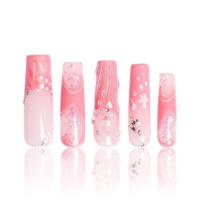 LOVFUL Mid Length Press on Nails Pink Fantasy | Handmade Acrylic Press ons | Reusable Fake False Nails | Square Mid Length 1.7 in | H327-L