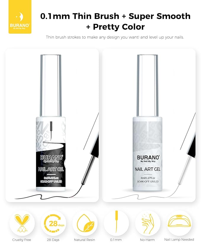 BURANO Gel Nail Polish Liner Nail Art Polish, Black White Painted Gel Nail Design Polish 2 Bottle 8ml, Build in Thin Nail Brush Curing Required LX11 LX12