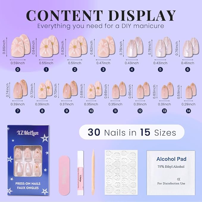 3D Pink Flowers Press on Nails Short Almond, Acrylic Fake Nails with 3D Gold Line White Pearls Floral Design, Reusable Glue-On Stick for Flower Fashion Nails for Women