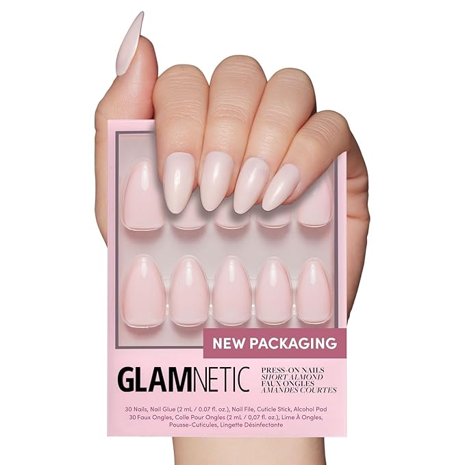 Glamnetic Press On Nails - Ballet Pink Fake Nails | Solid Opaque Light Blush Pink Short Almond Nails, Salon Quality | 15 Sizes - 30 Nail Kit with Glue