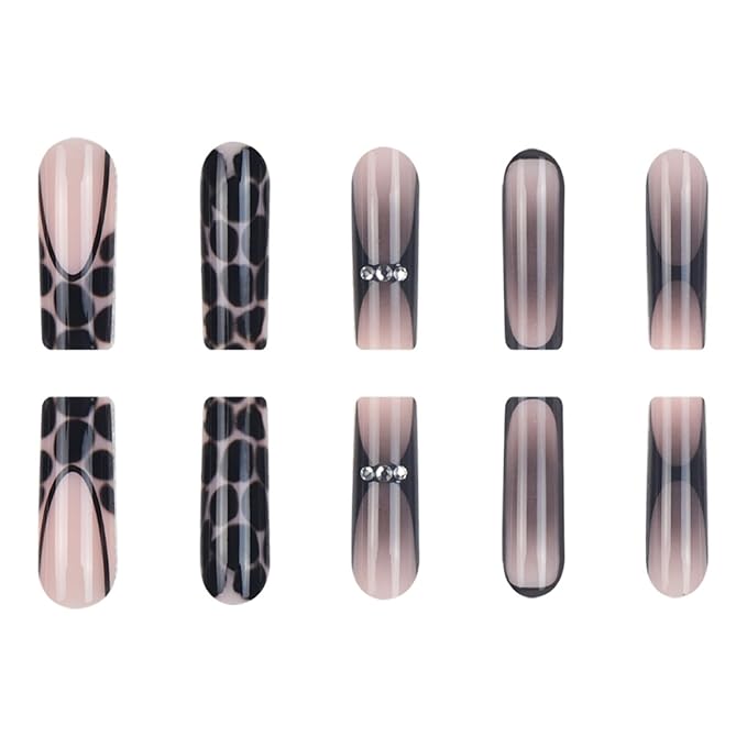 Long Press on Nails Square Fake Nails Black Artificial Nail French Tip Leopard Stick on Nail for Women 24pcs