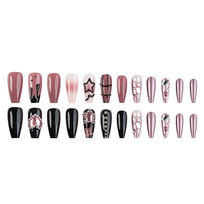 Medium Press On Nails Square False Nails Black 24pcs with Heart and Star Designs Artificial Nails Stick on Nails for Women