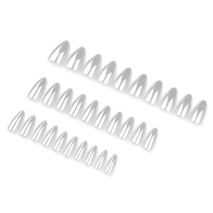 Medium Press on Nails Almond - Chrome White Fake Nails - Solid Color Full Cover Stick on False Nail - for Women 24 Pcs