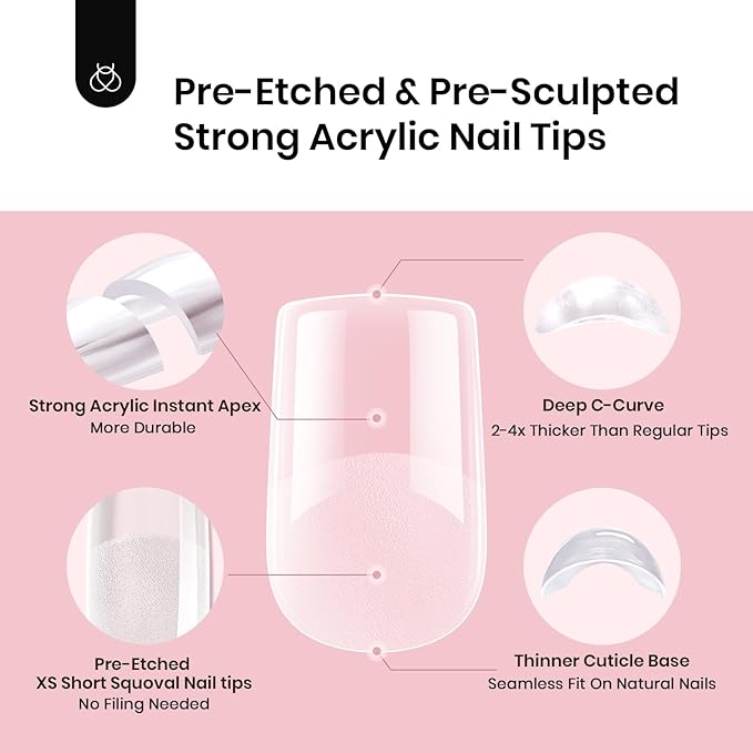 Beetles Tipex Instant Apex Nail Tips,Extra Short Squoval 192Pcs 16 Sizes Pre-Building & Pre-Etched Strong Thick Half Matte Acrylic Nail Tips Full Cover Press on Nails
